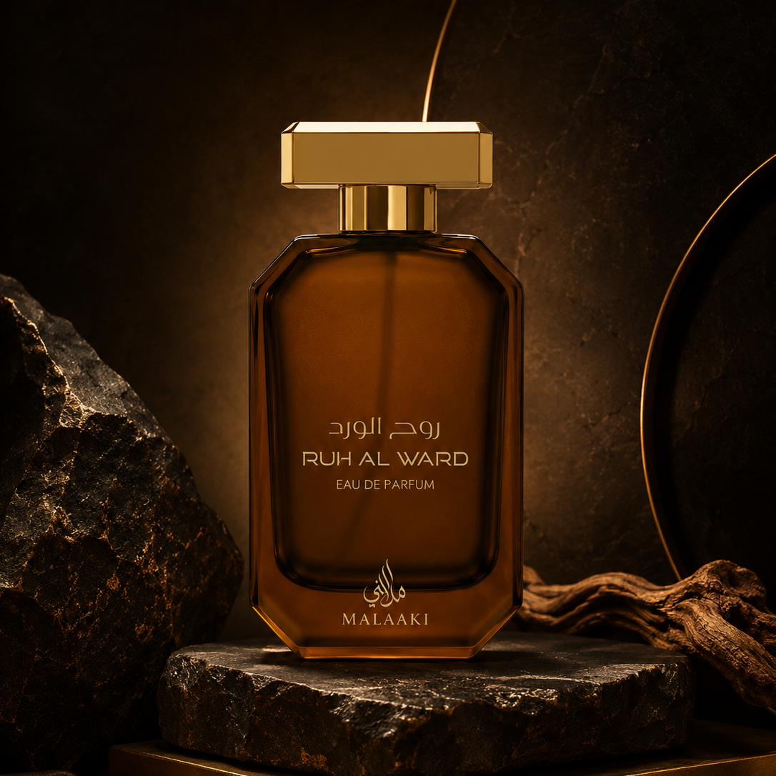 Ruh Al Ward perfume bottle on a dark background