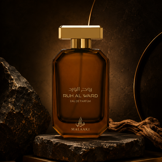 Ruh Al Ward perfume bottle on a dark background